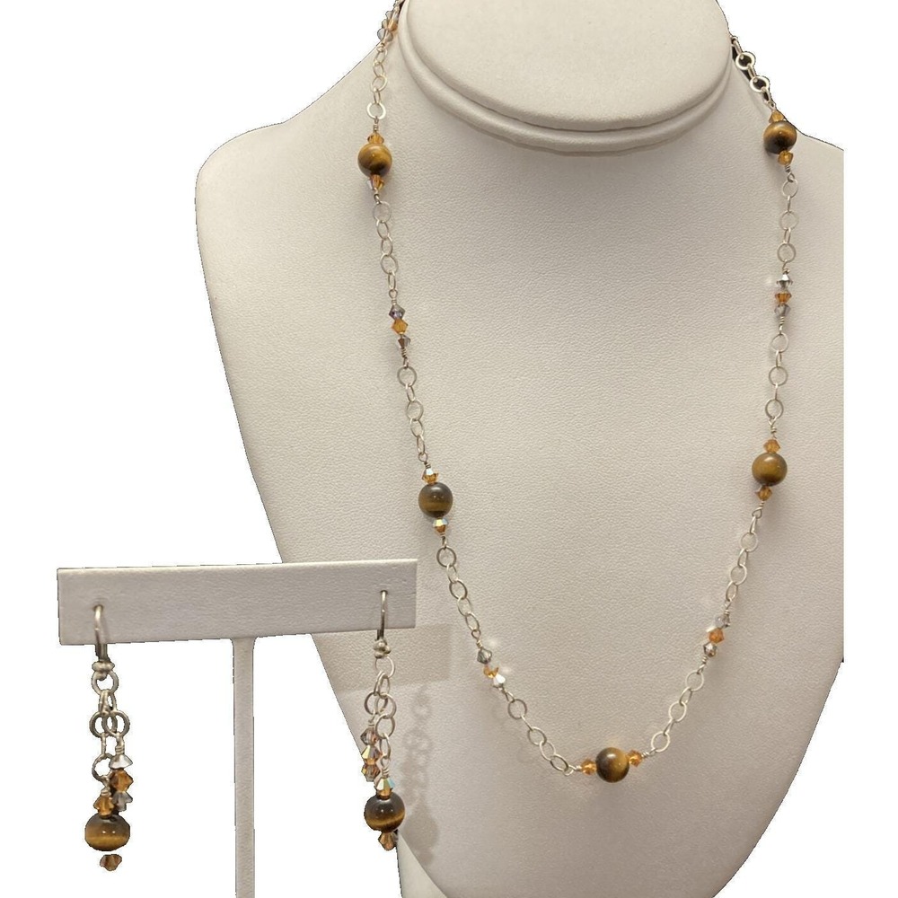 Young Again Sterling Silver 925 Tigers Eye 21'' Necklace & Earrings Set 14g Bead